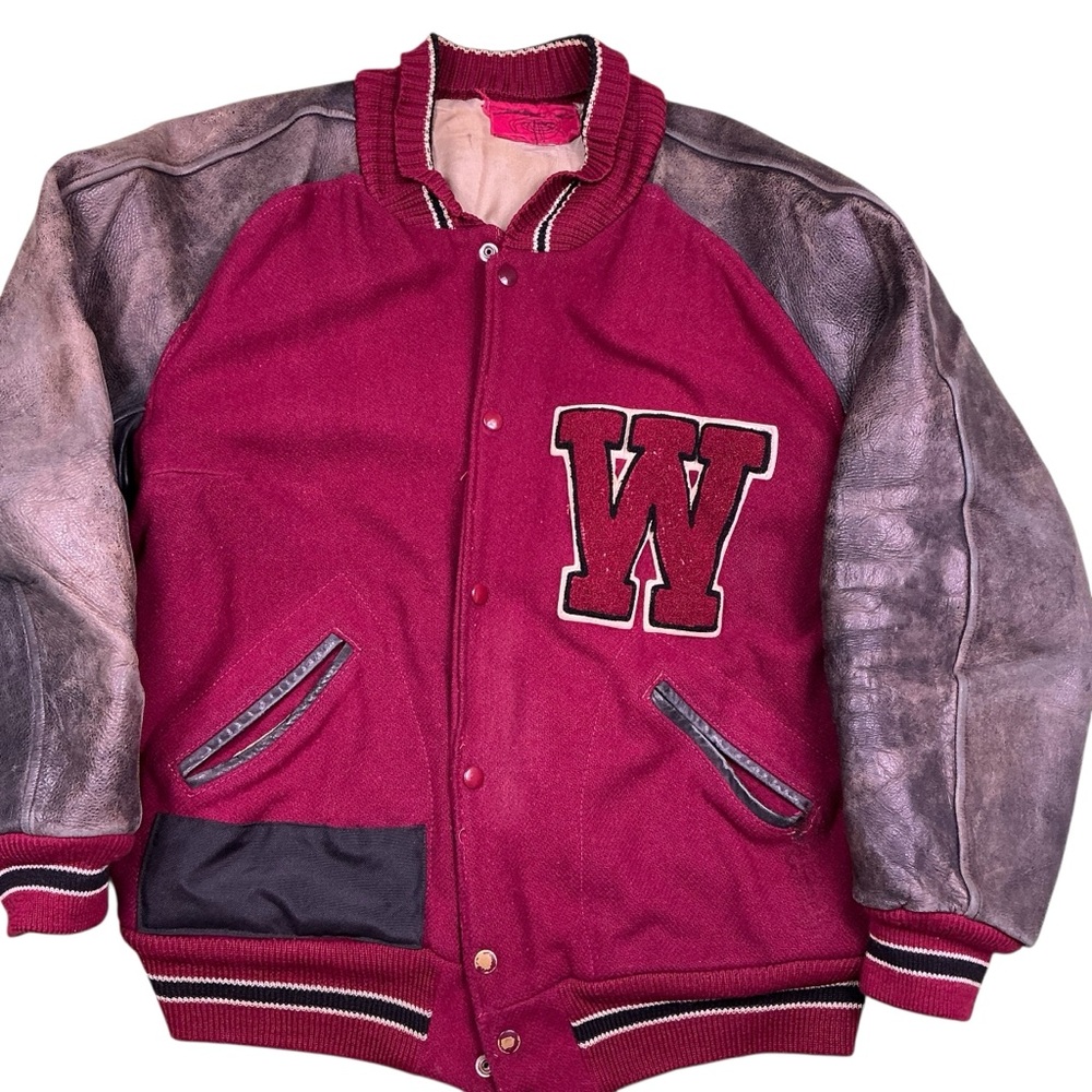 Men's Maroon Letterman Jacket with Leather Sleeves and W patch